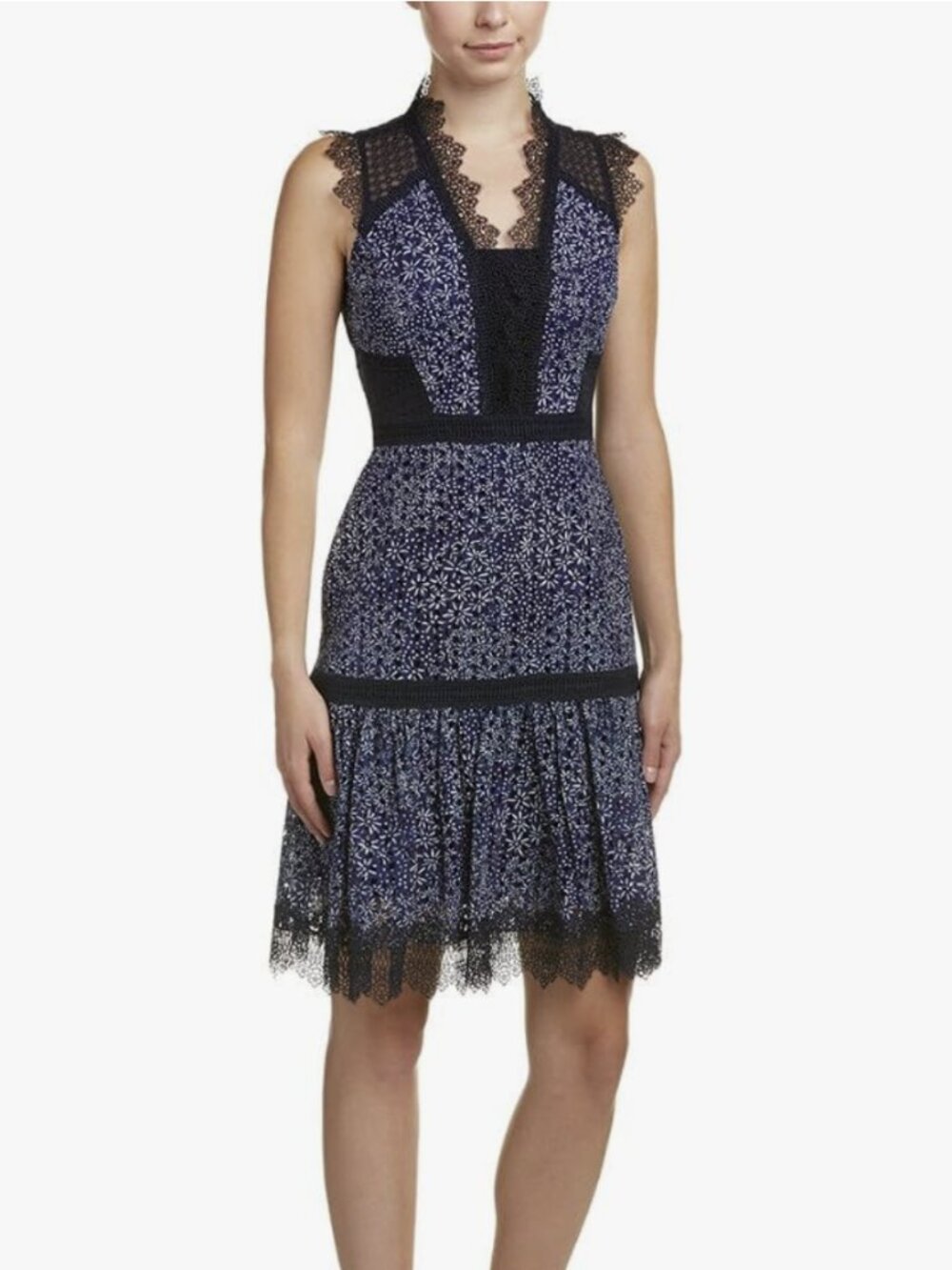 Elie Tahari Women's Shanna Floral Lace Trim Flounce Dress